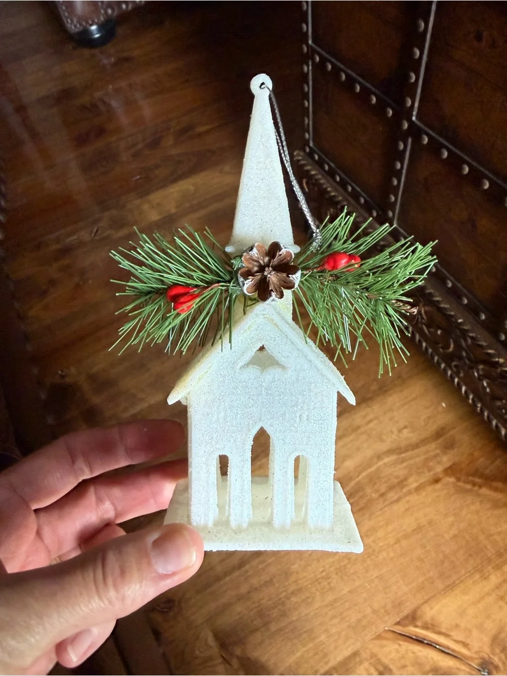 White Church glittery Christmas Ornament with Pine Sprigs 6”